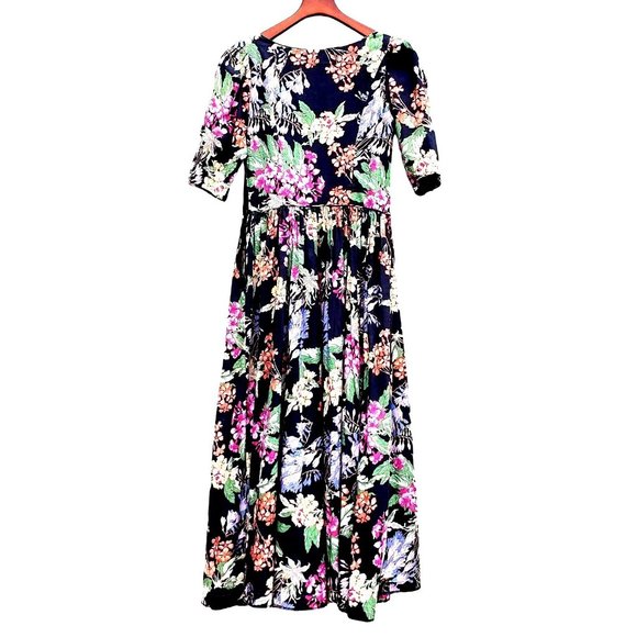 Vintage Laura Ashley Dress M Midi 80s 90s Black Cotton Big Print Floral - Picture 3 of 10